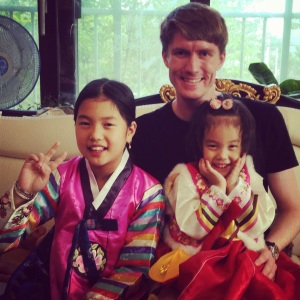 Hazel and Casey in traditional Korean dress for Chuseok.